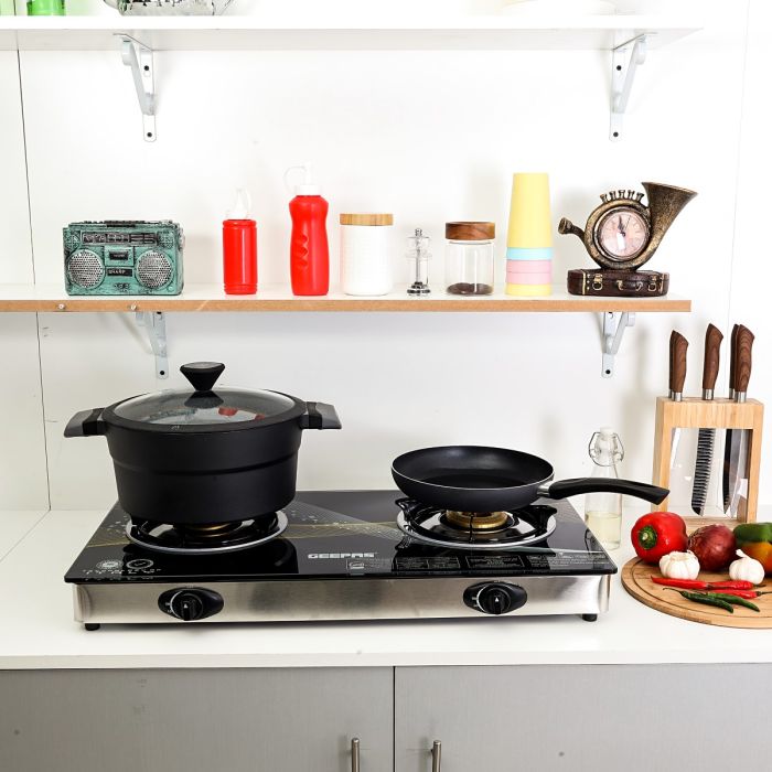 Geepas GK6879 Stainless Steel Gas Cooker | 2  Burners | Auto Piezo Ignition | Flame Failure Safety  | 5.4KW Power |Low Gas Consumption | Save 60% Energy |2 Years Warranty