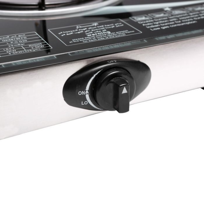 Geepas GK6879 Stainless Steel Gas Cooker | 2  Burners | Auto Piezo Ignition | Flame Failure Safety  | 5.4KW Power |Low Gas Consumption | Save 60% Energy |2 Years Warranty