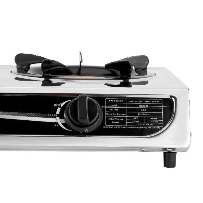 Geepas GK6898 Two Burner Gas Cooker | Stainless Steel Body| 2 High Efficiency Burners| Auto Ignition System| Flame Failure Device| Easy Cleaning Design |2 Years Warranty