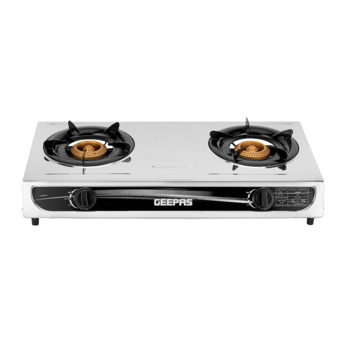 Geepas GK6898 Two Burner Gas Cooker | Stainless Steel Body| 2 High Efficiency Burners| Auto Ignition System| Flame Failure Device| Easy Cleaning Design |2 Years Warranty