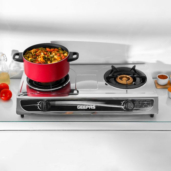 Geepas GK6898 Two Burner Gas Cooker | Stainless Steel Body| 2 High Efficiency Burners| Auto Ignition System| Flame Failure Device| Easy Cleaning Design |2 Years Warranty