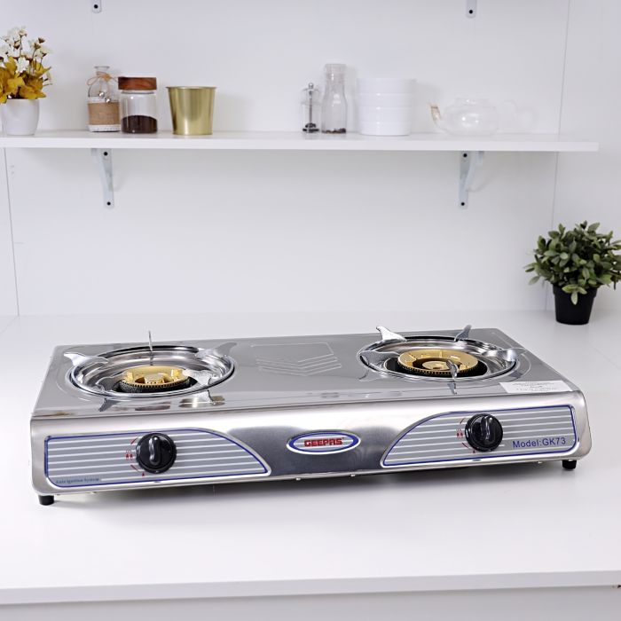 Geepas GK73 Stainless Steel Gas Stove | Powerful 7KW Double Burner | Auto Ignition for Easy Use |Durable Design with High Efficiency Cooking Performance |2 Years Warranty