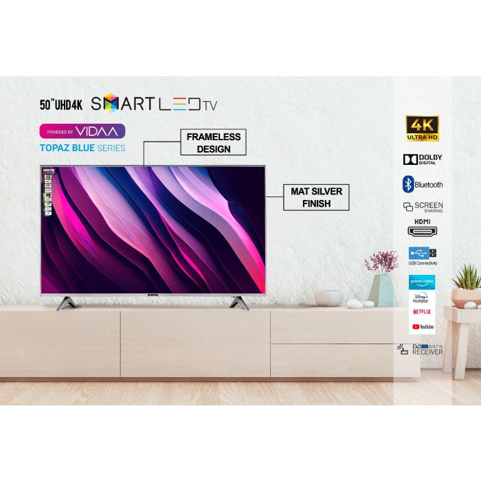 Geepas 50" VIDAA Professional TV- GLED5009SVUHD| 4K Ultra HD, Smart TV with Frameless Design and Matte Silver Finish| With Remote Control, HDMI and USB Ports| Licensed Contents and Pre-Installed Apps, Bluetooth Connectivity and Screen Sharing, Dolby Digit