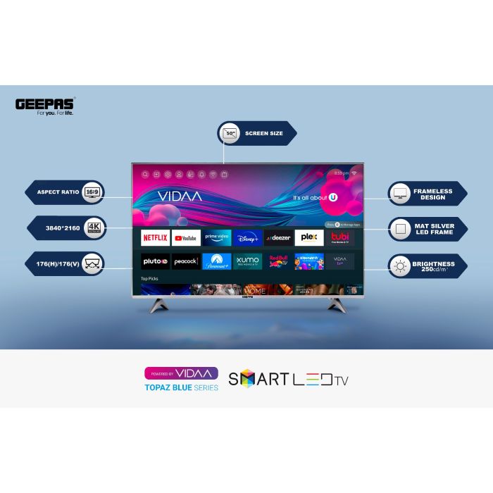 Geepas 50" VIDAA Professional TV- GLED5009SVUHD| 4K Ultra HD, Smart TV with Frameless Design and Matte Silver Finish| With Remote Control, HDMI and USB Ports| Licensed Contents and Pre-Installed Apps, Bluetooth Connectivity and Screen Sharing, Dolby Digit