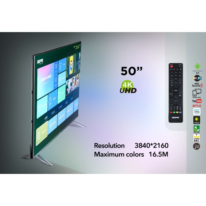 Geepas 50" Android Smart LED TV – Slim Led, 3.5mm, 2 HDMI & 2 Hi-High USB Ports | Wi-Fi, Android 8.0 with E-Share & Mirror Cast | Comes Application Like YouTube, Netflix, Amazon Prime | 1 Year Warranty