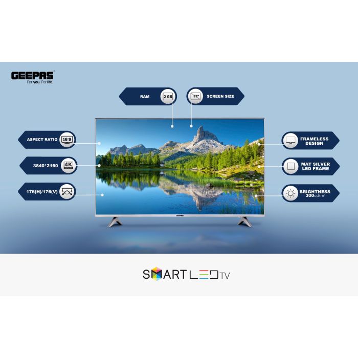 Geepas 55" Ultra HD Smart LED TV - GLED5508SFHD /with Remote Controller, 4K Resolution, Frameless Design, HQ Sound. 1-year warranty