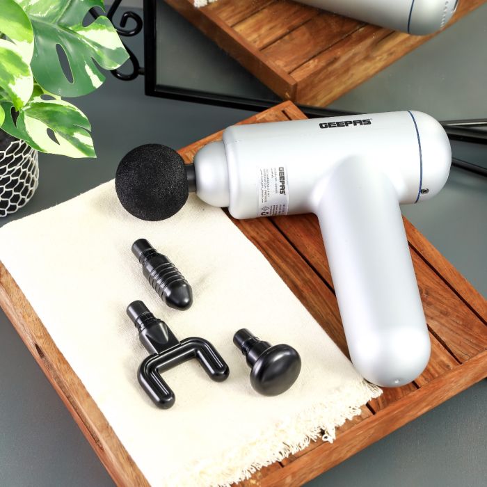 Geepas 4-in-1 Rechargeable Massage Gun- GM86079/ Cordless and 60 Minutes Working, 4 Heads, Round, U-Shaped, Flat and Taper Head, for Full-Body/ Silver