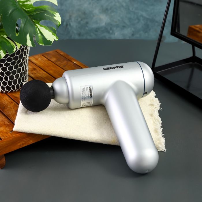 Geepas 4-in-1 Rechargeable Massage Gun- GM86079/ Cordless and 60 Minutes Working, 4 Heads, Round, U-Shaped, Flat and Taper Head, for Full-Body/ Silver