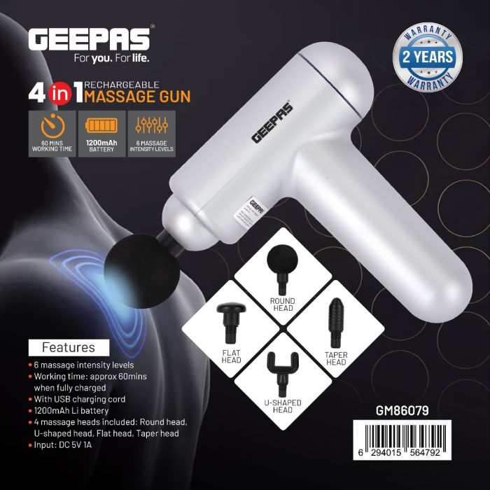 Geepas 4-in-1 Rechargeable Massage Gun- GM86079/ Cordless and 60 Minutes Working, 4 Heads, Round, U-Shaped, Flat and Taper Head, for Full-Body/ Silver