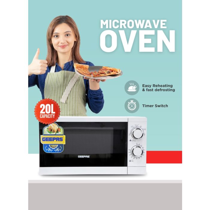 Geepas 20L Microwave Oven | 1200W Solo Microwave with 6 Power Levels and a Timer | Cooking Power control with 2 Rotary Dials & Defrost Settings | White | 2 Year Warranty