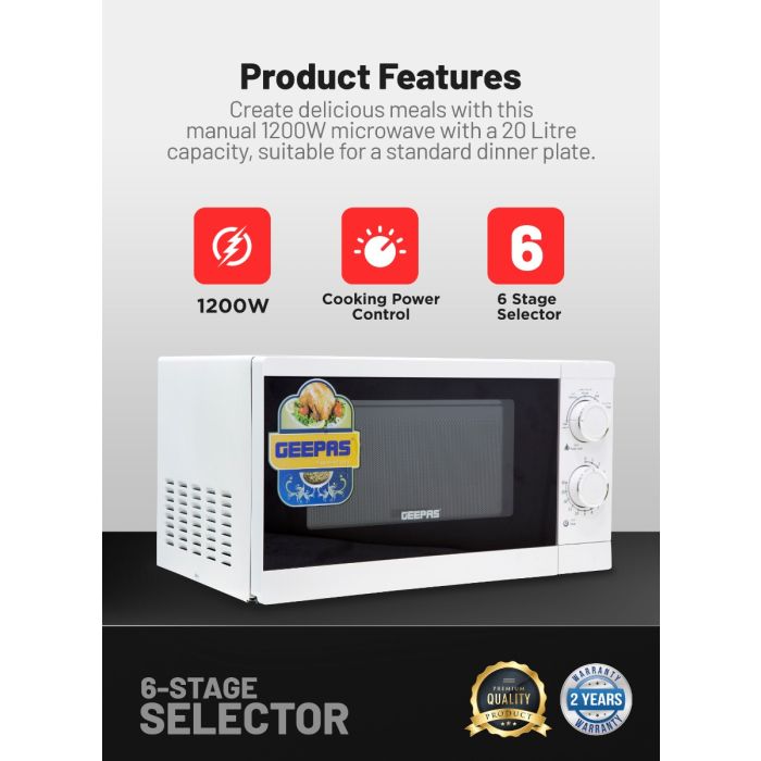 Geepas 20L Microwave Oven | 1200W Solo Microwave with 6 Power Levels and a Timer | Cooking Power control with 2 Rotary Dials & Defrost Settings | White | 2 Year Warranty
