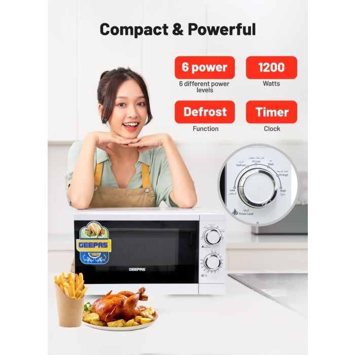 Geepas 20L Microwave Oven | 1200W Solo Microwave with 6 Power Levels and a Timer | Cooking Power control with 2 Rotary Dials & Defrost Settings | White | 2 Year Warranty