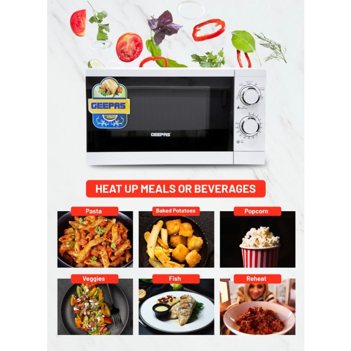 Geepas 20L Microwave Oven | 1200W Solo Microwave with 6 Power Levels and a Timer | Cooking Power control with 2 Rotary Dials & Defrost Settings | White | 2 Year Warranty