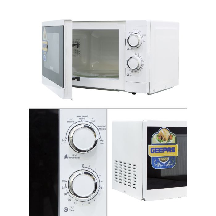 Geepas 20L Microwave Oven | 1200W Solo Microwave with 6 Power Levels and a Timer | Cooking Power control with 2 Rotary Dials & Defrost Settings | White | 2 Year Warranty