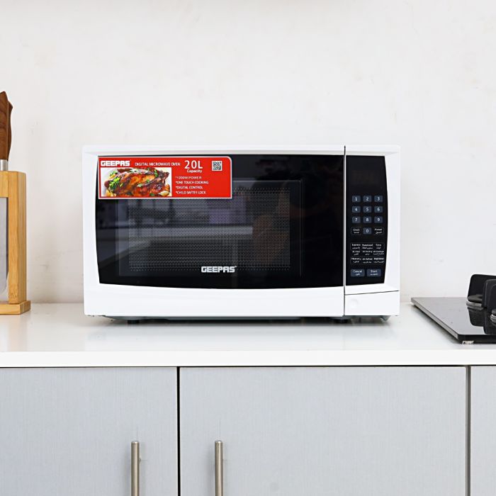 Geepas Digital Microwave Oven GMO1895 | 20L Capacity | 1200W Power | Digital Control Panel | One-Touch Cooking Functions| Defrost & Reheat Options|  1 Year Warranty