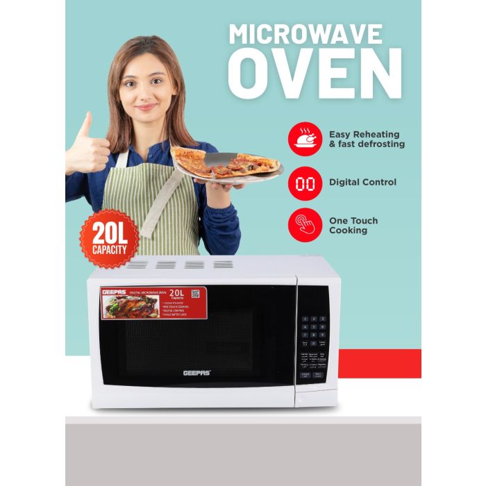 Geepas Digital Microwave Oven GMO1895 | 20L Capacity | 1200W Power | Digital Control Panel | One-Touch Cooking Functions| Defrost & Reheat Options|  1 Year Warranty
