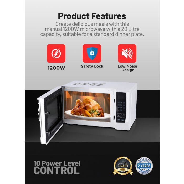 Geepas Digital Microwave Oven GMO1895 | 20L Capacity | 1200W Power | Digital Control Panel | One-Touch Cooking Functions| Defrost & Reheat Options|  1 Year Warranty