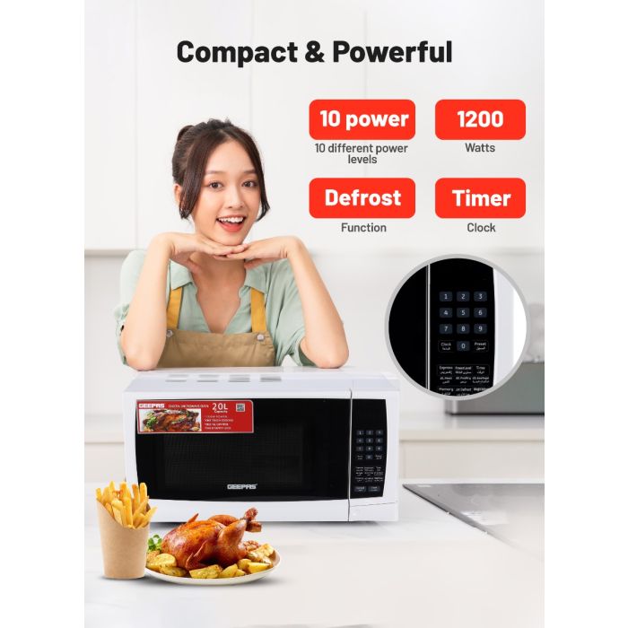 Geepas Digital Microwave Oven GMO1895 | 20L Capacity | 1200W Power | Digital Control Panel | One-Touch Cooking Functions| Defrost & Reheat Options|  1 Year Warranty
