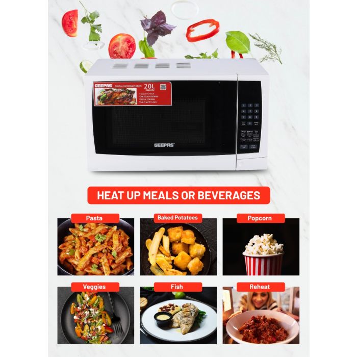 Geepas Digital Microwave Oven GMO1895 | 20L Capacity | 1200W Power | Digital Control Panel | One-Touch Cooking Functions| Defrost & Reheat Options|  1 Year Warranty