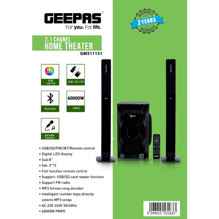 Geepas GMS11151 2.1 Home Theatre - Spkr/Usb/Sd/Fm/Rmt/Bt, Bluetooth, Digital LED Display, Remote Control | Ideal for Movies, Music, FM Radio & More.