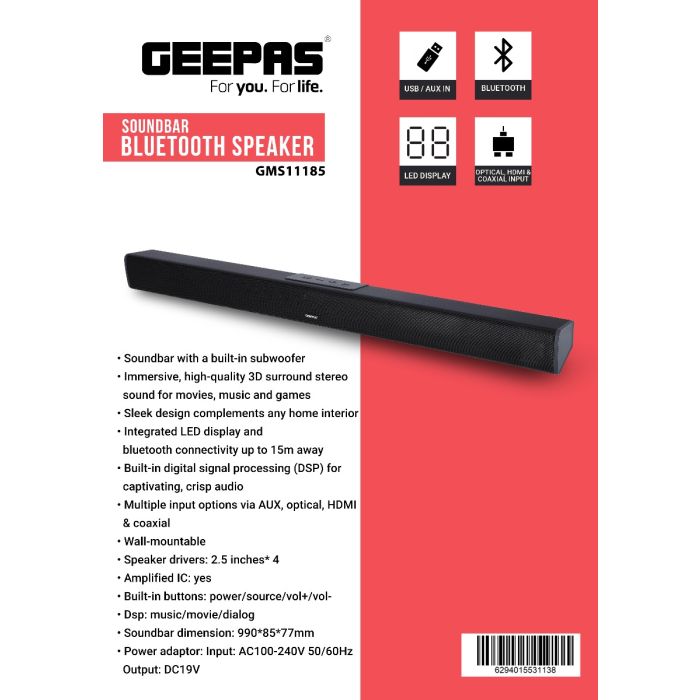 Geepas Sound Bar Bluetooth Speaker - Portable Design Led Display | 15 Meter Bluetooth Range | USB/AUX/HDMI & Optical Input | Manual Controls with Wall Mounting | 3D Surround Sound Stereo