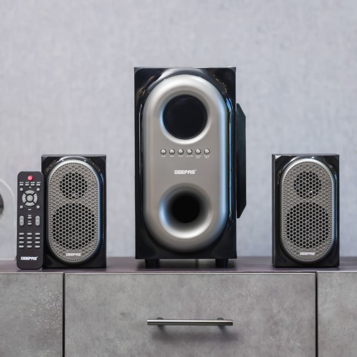 Geepas 2.1 CH Multimedia Speaker System with Remote Control- GMS7493N| USB, SD, Bluetooth and Karaoke Function| 40000 W PMP0 Speaker Unit| With LED Display