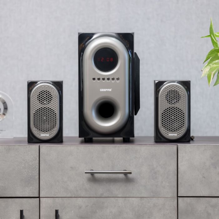 Geepas 2.1 CH Multimedia Speaker System with Remote Control- GMS7493N| USB, SD, Bluetooth and Karaoke Function| 40000 W PMP0 Speaker Unit| With LED Display
