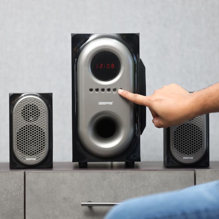 Geepas 2.1 CH Multimedia Speaker System with Remote Control- GMS7493N| USB, SD, Bluetooth and Karaoke Function| 40000 W PMP0 Speaker Unit| With LED Display