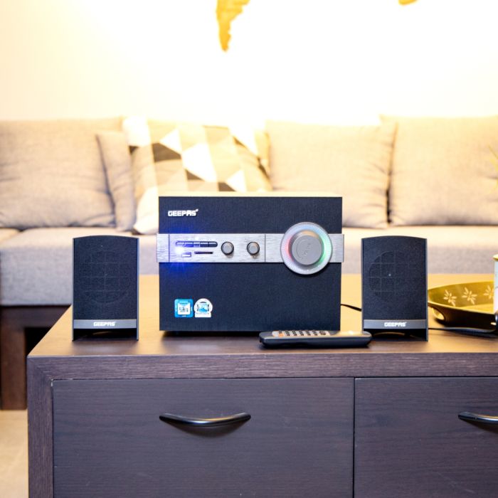 Geepas 2.1 Multimedia Speaker, 20000 Watts Peak Power, Woofer| USB, Bluetooth & Multiple-Devise, Multiple Devise Inputs (Pc, Ps4, Xbox, Tv, Smartphone, Tablet, Music Player)