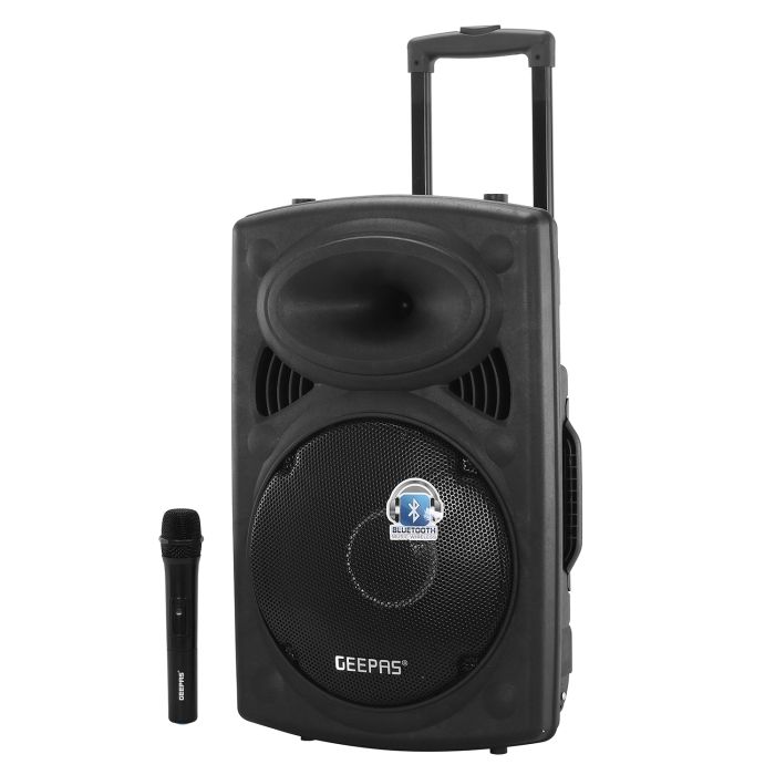 Geepas GMS8519 Rechargeable Trolley Bluetooth Speaker 40000W | 12" Woofer | with Wireless Microphones & LED Lights