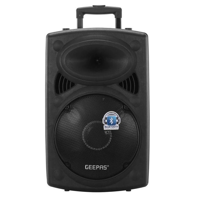 Geepas GMS8519 Rechargeable Trolley Speaker |40000W PMPO Powerful Sound| 12” Woofer| Bluetooth| USB/SD/FM| Wireless Mic| Disco LED Light |Remote Control| 2 Years Warranty