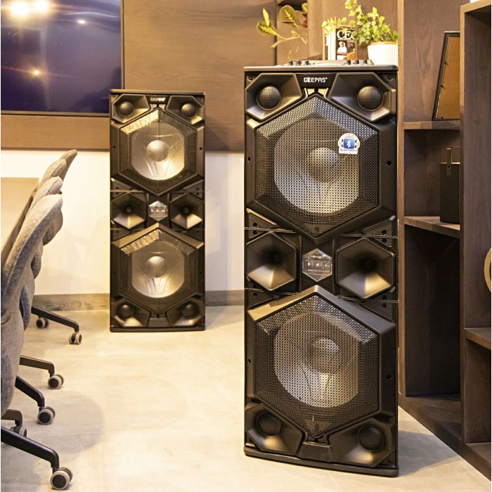 Geepas Professional Active Speaker System- Bluetooth Speaker GMS8569|Wireless Microphones, | LED Lights |Trolley Handle, USB & Auxiliary Inputs