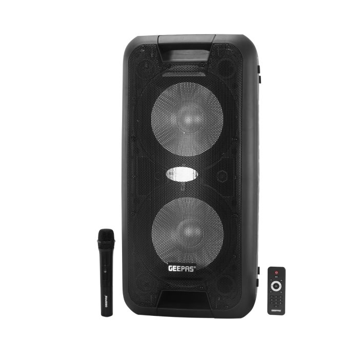 Geepas GMS8574- Portable & Rechargeable Professional Speaker- 10 inch- Wireless Microphones, Battery Rechargeable | 50000 PMPO | Portable Woofer with Trolley Handle