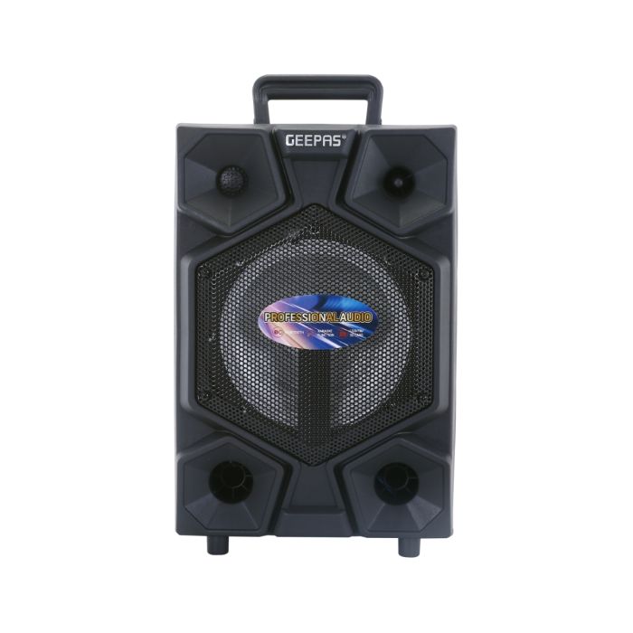 Geepas 8-Inch Trolley Bluetooth Speaker - Wireless Microphones, Battery Powered Rechargeable | Karaoke DJ Speaker with LED Lights | Portable Speaker with Trolley Handle, USB & Auxiliary Inputs | 2 Years Warranty