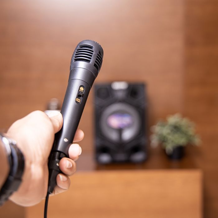 Geepas 8-Inch Trolley Bluetooth Speaker - Wireless Microphones, Battery Powered Rechargeable | Karaoke DJ Speaker with LED Lights | Portable Speaker with Trolley Handle, USB & Auxiliary Inputs | 2 Years Warranty