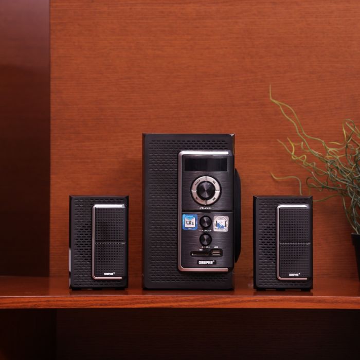 Geepas 2.0 Channel Multimedia Speaker System- GMS8585/ USB Input, SD Card Reader, FM Radio, Bluetooth/ LED Display, 30000W PMPO Speakers Unit/ Black