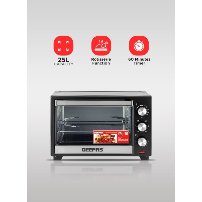 Geepas Electric Oven GO34040 | 25L Capacity| 1600W Power| Rotisserie Function| Adjustable Temperature Control| 60-Min Timer| Stainless Steel Heating | 2 Years Warranty