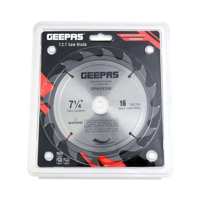 Geepas Professional Circular Saw Blade - 185mm x 30mm bore, 20mm Ring | 16 ATB Calibered Teeth | Ideal For Carpenter, Professional, Plumber, DIYers & More