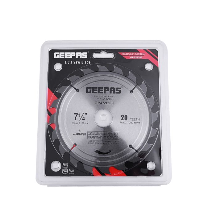 Geepas Professional Circular Saw Blade - 185mm x 30mm bore, 20mm Reducer Ring | 20 ATB Calibered Teeth | Ideal For Carpenter, Professional, Plumber, DIYers & More