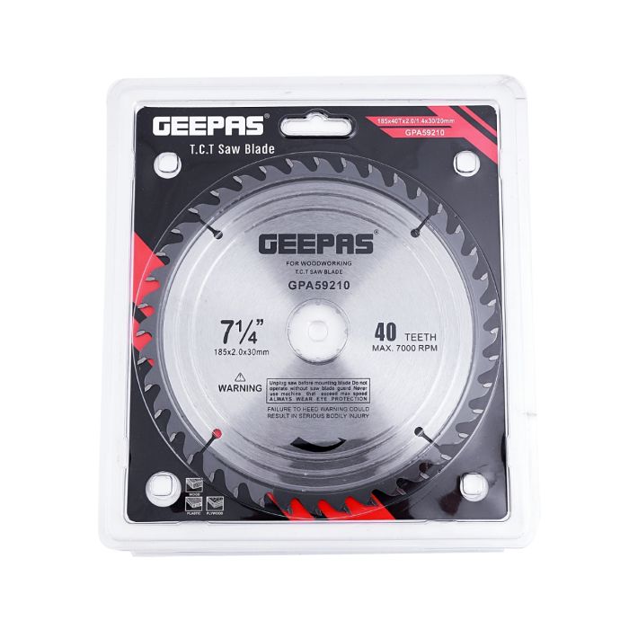 Geepas Professional Circular Saw Blade - 185mm x 30mm bore, 20mm Ring | 40 ATB Calibered Teeth | Ideal For Carpenter, Professional, Plumber, DIYers & More