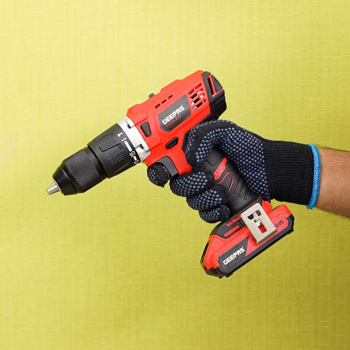 Geepas 18V Cordless Percussion Drill - Driver with Hammer Function, Compact Electric Drill Screwdriver with 2Ah*2 Battery,  15+1 Torque Setting with 2 Speed and LED Light