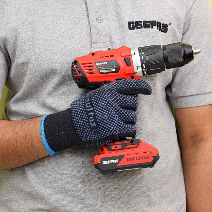 Geepas 18V Cordless Percussion Drill - Driver with Hammer Function, Compact Electric Drill Screwdriver with 2Ah*2 Battery,  15+1 Torque Setting with 2 Speed and LED Light