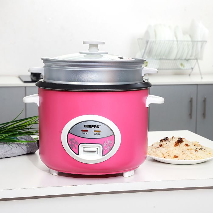 Geepas Deluxe Rice Cooker GRC4329 |1.8L Capacity | Powerful Heating |Non-Stick Inner Pot | Steamer Tray for Healthy Cooking |Cook & Keep Warm Function| 2 Years Warranty