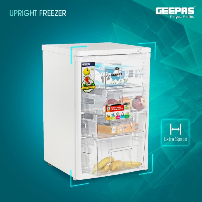 Geepas GRFU1206 Upright Freezer | 120L Capacity| -18°C Cooling| Tropical Compressor | 4 Crystal Drawers | Adjustable Thermostat|  3-Star ESMA Rating | 1-Year Warranty