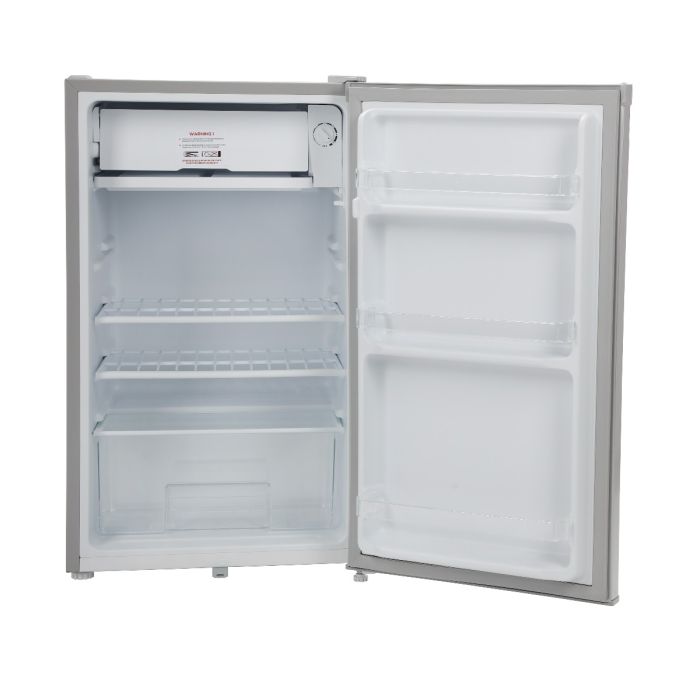 Geepas Single Door Refrigerator (GRF119SPE) with tempered glass shelves, low noise, energy saving, and tropical climate performance. Perfect for home or office use