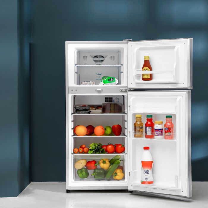 Geepas Double Door No-Frost Refrigerator- GRF2003SPN Quick Cooling, Low Noise, Equipped with Big Storage Freezer, Spacious Vegetable Crisper Box/ Auto Defrost to Prevent Ice Formation, Eco-Friendly Design/ Silver, 1-Year Warranty