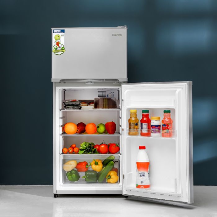Geepas Double Door No-Frost Refrigerator- GRF2003SPN Quick Cooling, Low Noise, Equipped with Big Storage Freezer, Spacious Vegetable Crisper Box/ Auto Defrost to Prevent Ice Formation, Eco-Friendly Design/ Silver, 1-Year Warranty