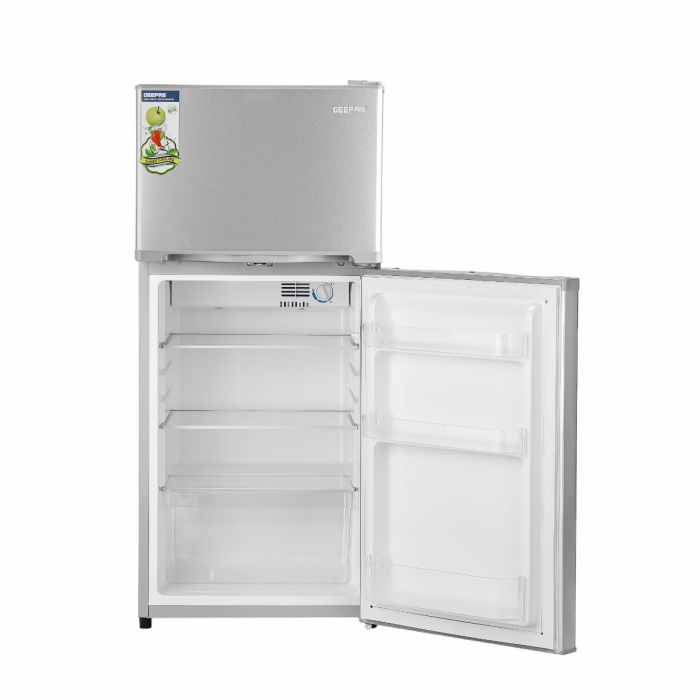 Geepas Double Door No-Frost Refrigerator- GRF2003SPN Quick Cooling, Low Noise, Equipped with Big Storage Freezer, Spacious Vegetable Crisper Box/ Auto Defrost to Prevent Ice Formation, Eco-Friendly Design/ Silver, 1-Year Warranty