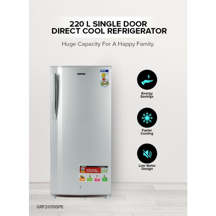 Geepas  Single Door Direct Cool Refrigerator- GRF2059SPE| Quick Cooling with Defrost Technology| Glass Shelves, Transparent Door Basket, Extra Space and Long Lasting Freshness| Low Noise Design and Low Voltage| Silver, 1 Year Warranty
