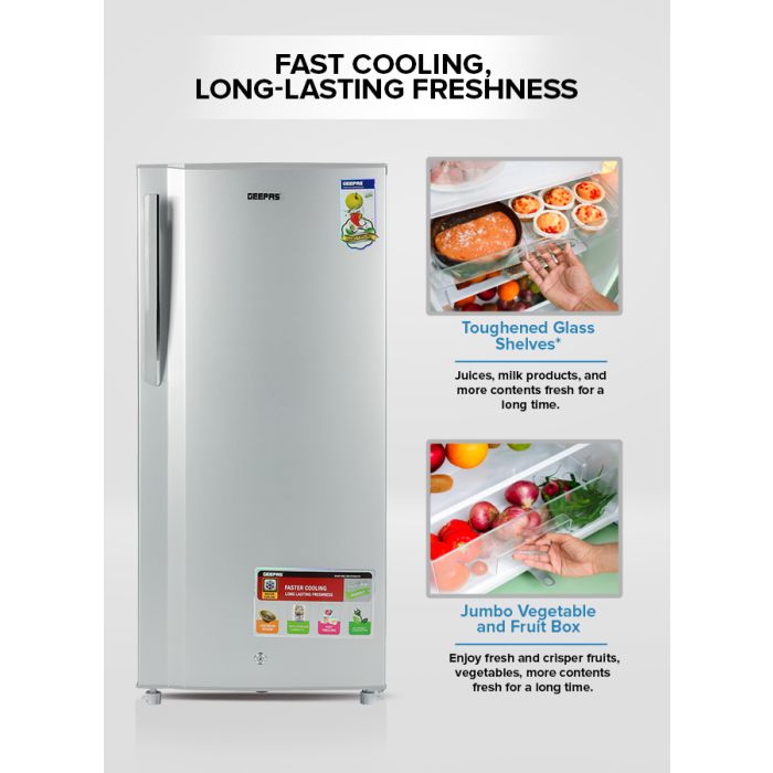 Geepas  Single Door Direct Cool Refrigerator- GRF2059SPE| Quick Cooling with Defrost Technology| Glass Shelves, Transparent Door Basket, Extra Space and Long Lasting Freshness| Low Noise Design and Low Voltage| Silver, 1 Year Warranty